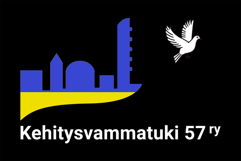 Kehitysvammatuki 57 ry:n logo, jossa käytetty Ukrainan lipun värejä sinistä ja keltaista. Rauhankyyhky.