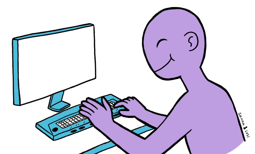 Piirroskuva henkilöstä, joka näpyttelee tietokonetta sujuvasti.