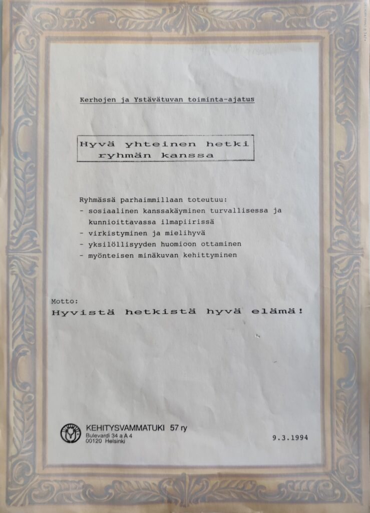  Ystävätuvan toiminta-ajatus. Päivättu 9.3.1994.