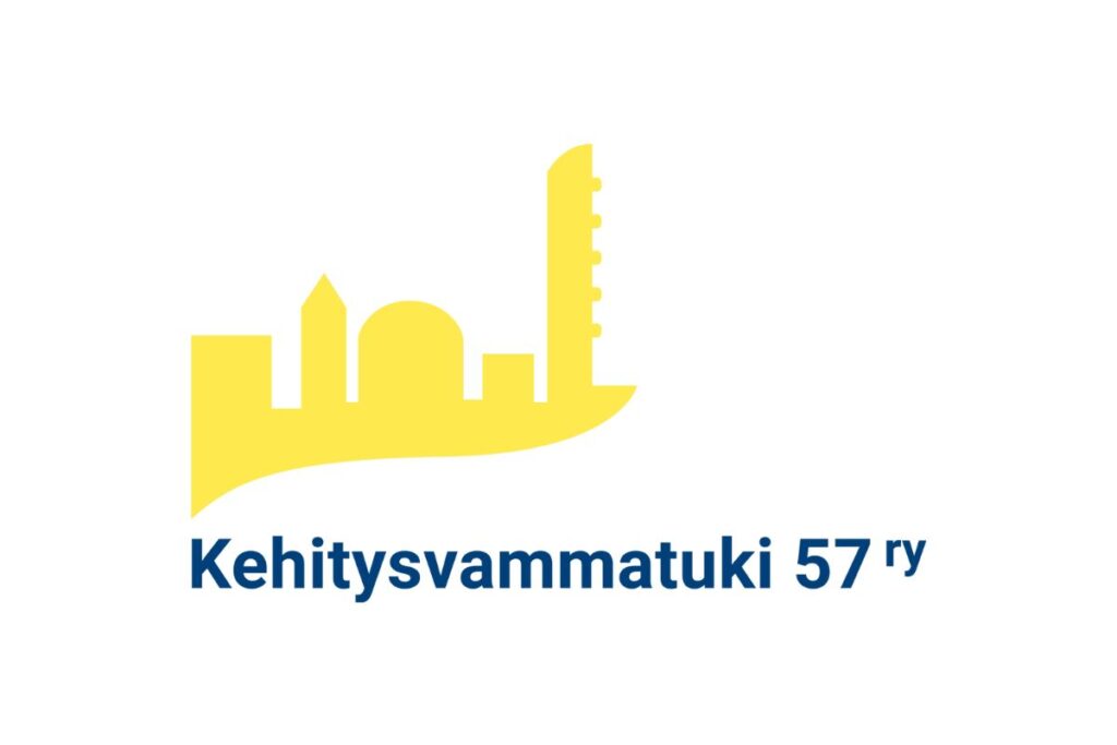 Kehitysvammatuki 57 ry:n logo, jossa yhdistyksen nimi ja kuva kaupunkisiluetista