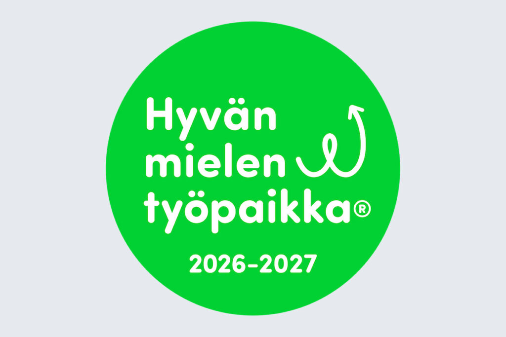 Vihreä ympyrä, jonka sisällä on teksti Hyvän mielen työpaikka 2026-2027