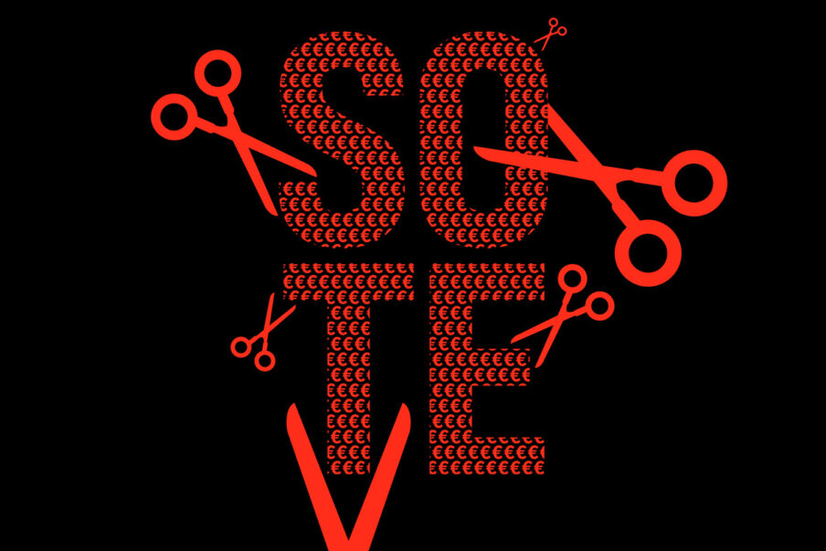piirroskuva, jossa teksti sote. Tekstiä ympäröivät sakset, jotka leikkaavat tekstistä paloja pois.