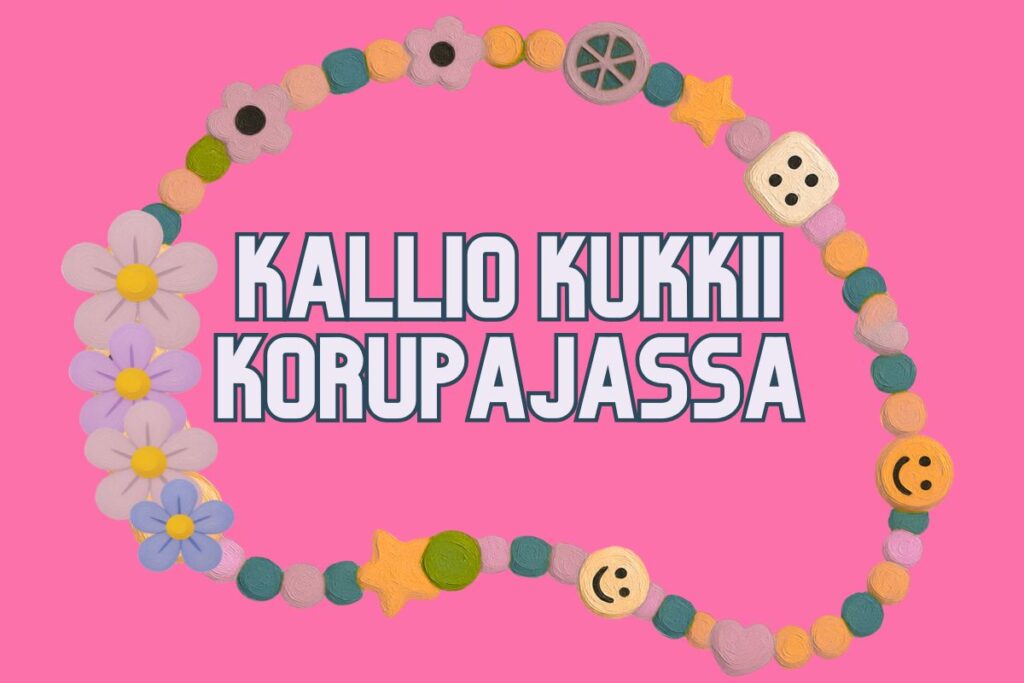 Piirretty rannekoru, jossa on kukkia sekä teksti: Kallio kukkii korupajassa sekä järjestöjen logot.