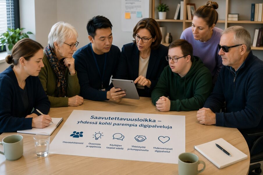 Ihmisiä pöydän ääressä pohtimassa. Pöydällä paperi, jossa teksti: Saavutettavuusloikka - yhdessä kohti parempia digipalveluja, yhteiskehittämistä, osaamista ja oppimista, käyttäjien tarpeet edellä, yhteistyötä ja kumppanuutta, yhdenvertaiset digipalvelut.
