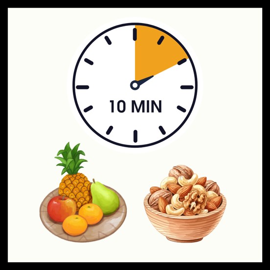 Hedelmiä ja pähkinöitä ja aika 10 minuuttia.